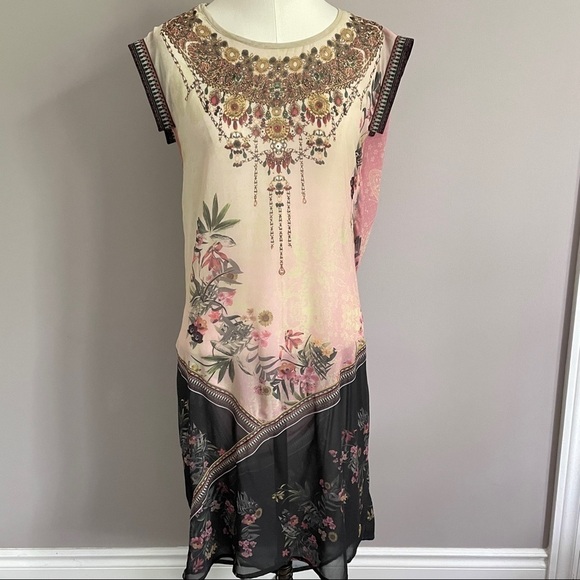 Desigual Elo Sheer Floral Chiffon Flapper Bejeweled Neckline Midi Knee Dress - S - Picture 4 of 14